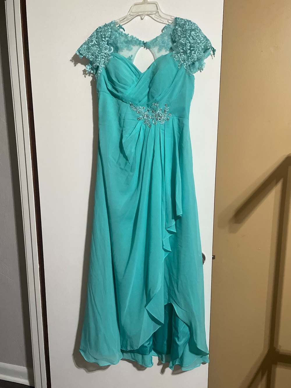 Teal Lace Shoulder Evening Gown - Elegant Formal Dress
